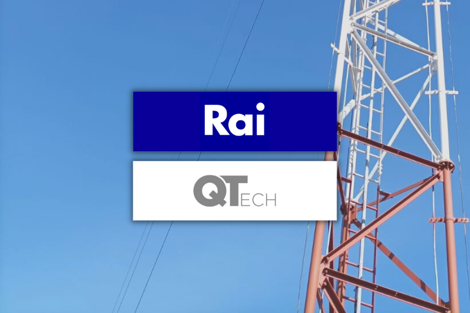 Logo Rai e logo QTech con traliccio su sfondo azzurro